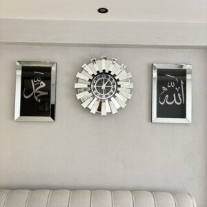 60 CM GÜMÜŞ ÖNÜ CAMLI NORMAL RAKAMLI ALLAH MUHAMMED TABLO SET İÇİ SİYAH